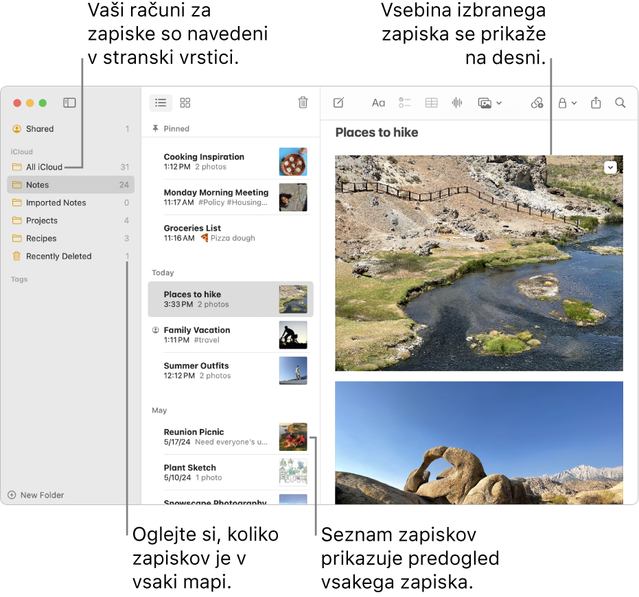 Okno aplikacije Zapiski v Macu z vsemi konfiguriranimi računi in mapami, navedenimi v stranski vrstici na levi strani, seznamom zapiskov na sredini s predogledom posameznega zapiska in vsebino izbranega zapiska, prikazano na desni strani. Število zapiskov je prikazano ob posamezni mapi.