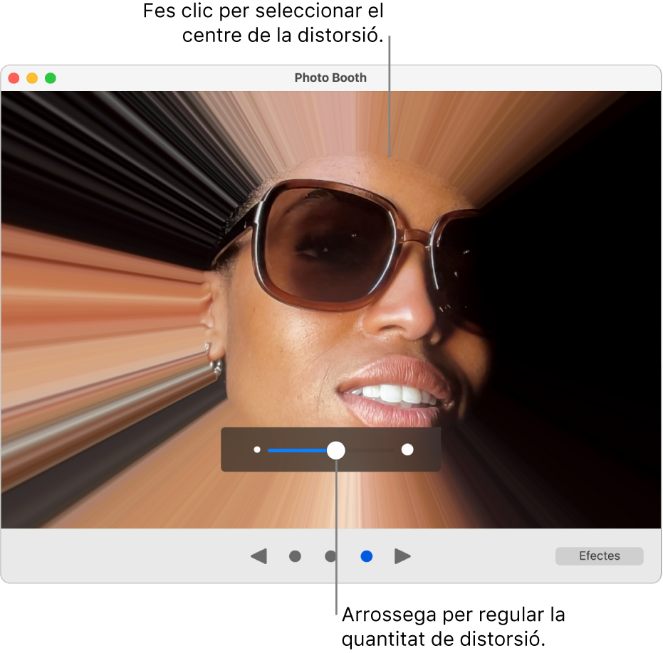 La finestra de l’app Photo Booth mostrant una previsualització de l’efecte de distorsió i el regulador per ajustar l’efecte de distorsió.