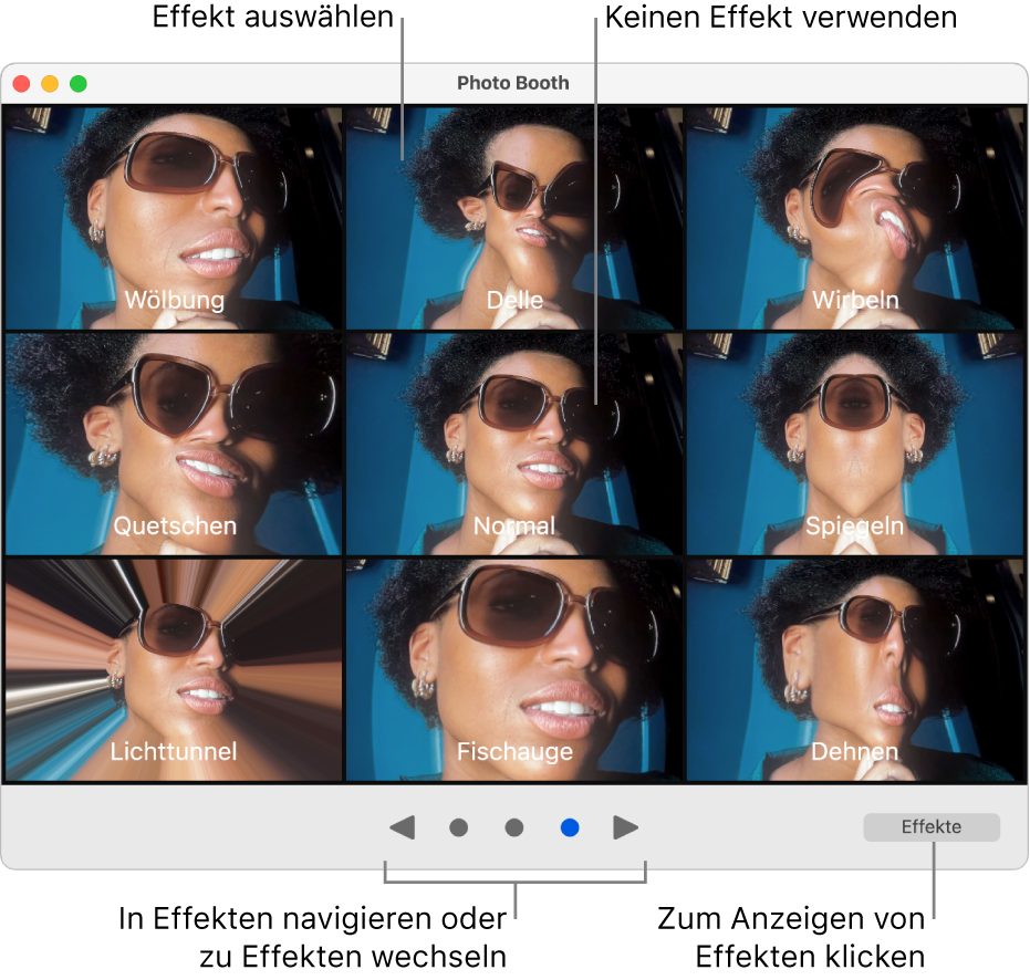 Ein Photo Booth-Fenster zeigt eine Seite mit Effekten, darunter „Spiegel“, „Quetschen“ usw. Die Tasten zum Suchen befinden sich unten in der Mitte des Fensters und die Taste „Effekte“ ist rechts unten.