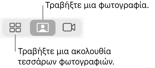 Το κουμπί «Τέσσερις φωτογραφίες» (όπου μπορείτε να τραβήξετε μια ακολουθία τεσσάρων φωτογραφιών) και το κουμπί «Φωτογραφία» (για να τραβήξετε μία φωτογραφία).