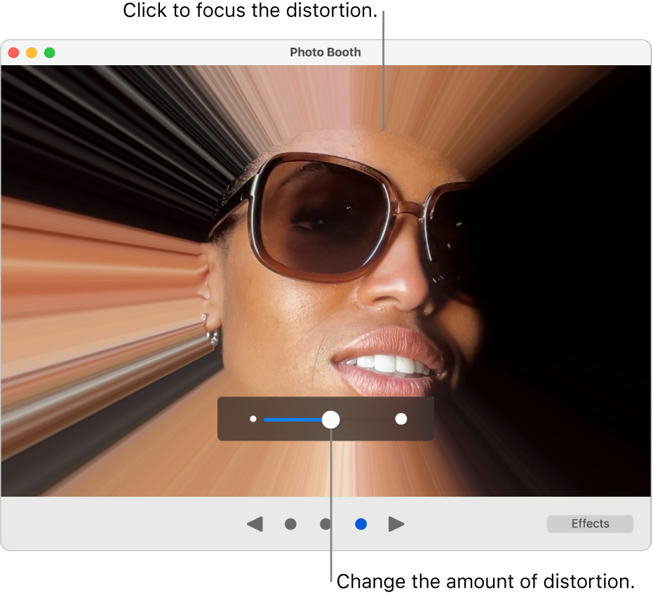 The Photo Booth window showing a preview of the distortion effect and the slider to adjust the distortion effect.