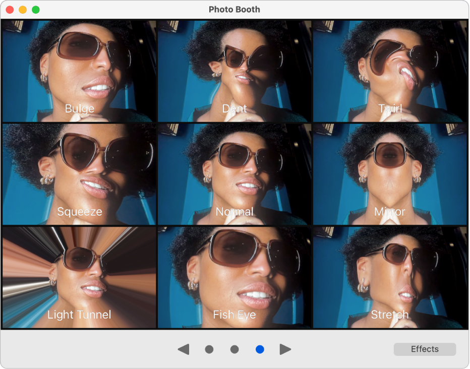 A Photo Booth window showing a page of effects, including Mirror, Squeeze, and so on. The browse buttons are at the bottom center of the window, and the Effects button is at the bottom right.