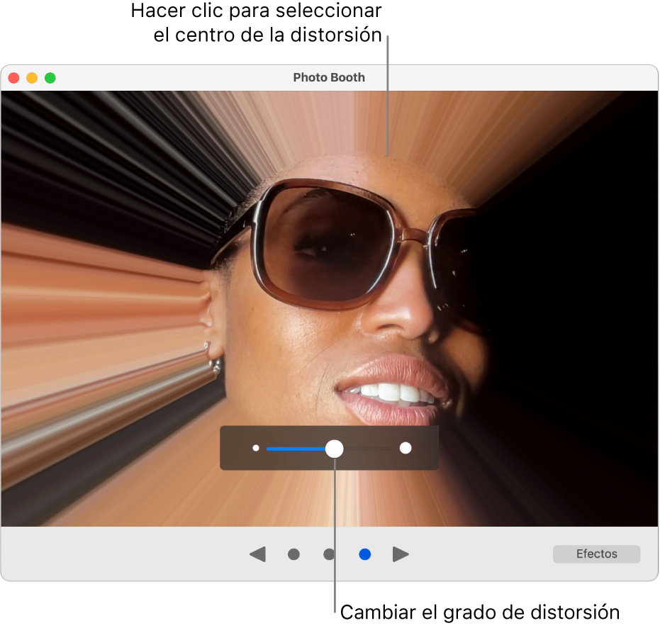 La ventana de Photo Booth con una previsualización del efecto de distorsión y el regulador para ajustar este efecto.
