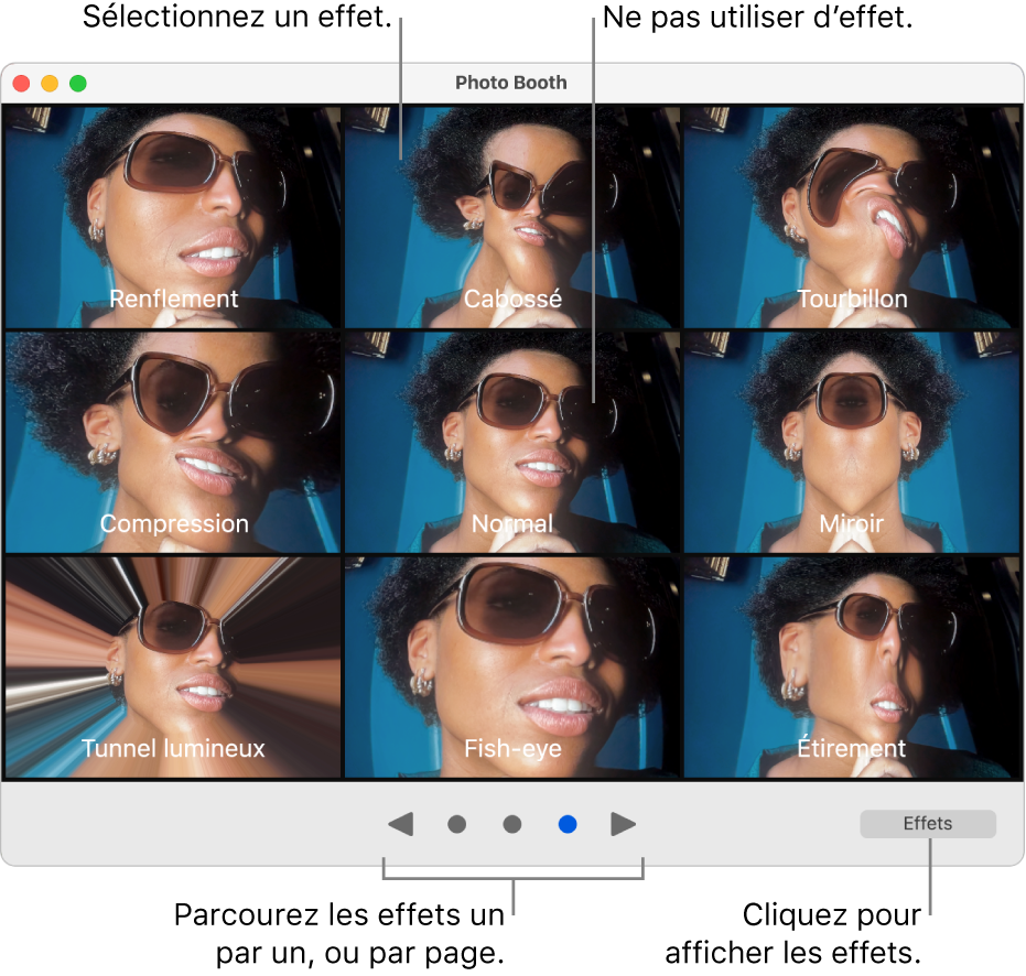 Une fenêtre Photo Booth affichant une page d’effets, notamment les effets Miroir et Compression. Les boutons de navigation se trouvent dans la partie centrale inférieure de la fenêtre, et le bouton Effets se situe en bas à droite.