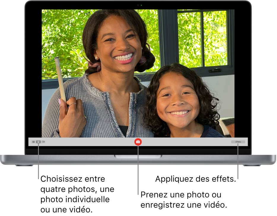 La fenêtre de Photo Booth avec le bouton Prendre une photo en bas. L’option photo unique est sélectionnée en bas à gauche de la fenêtre et le bouton Effets se trouve en bas à droite de la fenêtre.