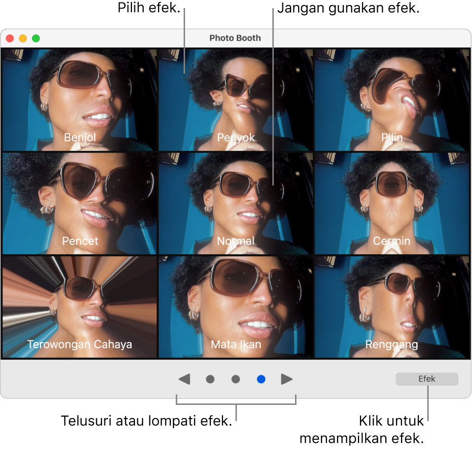 Jendela Photo Booth menampilkan halaman efek, termasuk Cermin, Himpit, dan seterusnya. Tombol telusuri berada di tengah bawah jendela, dan tombol Efek ada di kanan bawah.