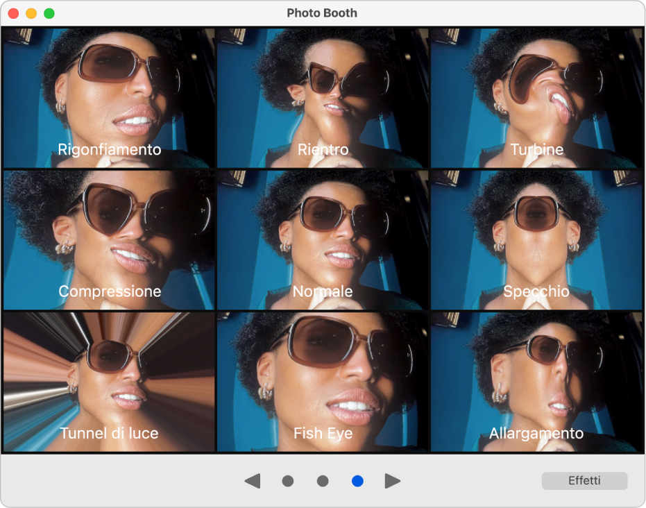Una finestra di Photo Booth con una pagina di effetti, tra cui Duplicazione, Compressione e così via. I pulsanti di navigazione si trovano in basso al centro della finestra e il pulsante Effetti si trova in basso a destra.