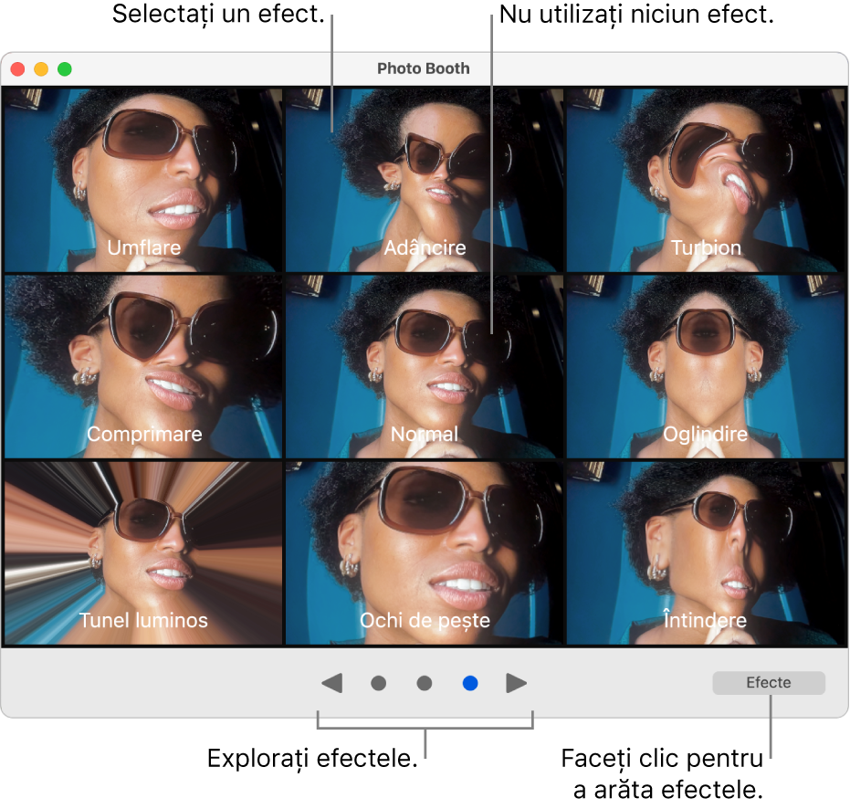 O fereastră Photo Booth afișând o pagină de efecte, inclusiv Oglindă, Comprimare și altele. Butoanele de explorare se află în partea din centru jos a ferestrei și butonul Efecte se află în partea din dreapta jos.