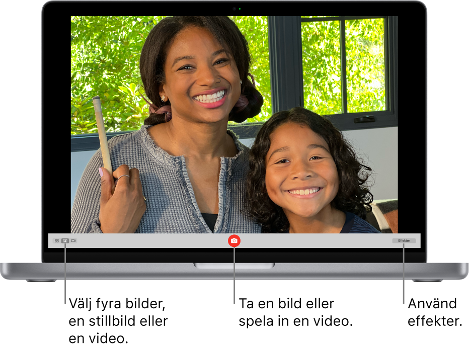 Photo Booth-fönstret med knappen för att ta en bild längst ned. Alternativet för att ta en enda bild är markerat längst ned till vänster i fönstret och knappen Effekter finns längst ned till höger i fönstret.