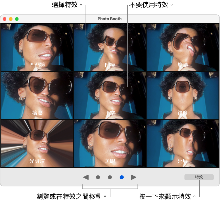 Photo Booth 視窗顯示一頁特效，包含「鏡像」、「擠壓」等等。瀏覽按鈕位於視窗的底部中央，「特效」按鈕則位於視窗右下方。