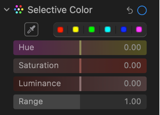 Els controls “Color selectiu” del tauler “Ajusta” amb els reguladors “Matís”, “Saturació”, “Luminància” i “Interval”.