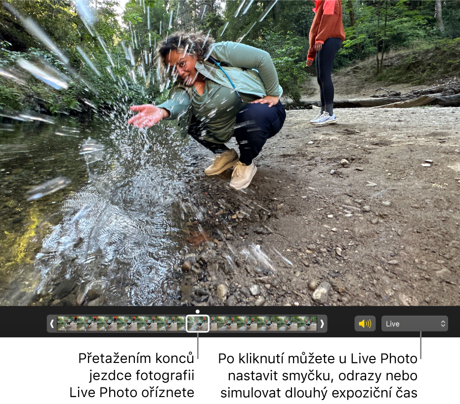 Live Photo v režimu úprav. Pod snímkem je jezdec zobrazující jednotlivé snímky fotografie. Napravo od jezdce je tlačítko Reproduktor a místní nabídka, kterou lze použít pro přidání efektu smyčky, odrazu nebo dlouhé expozice