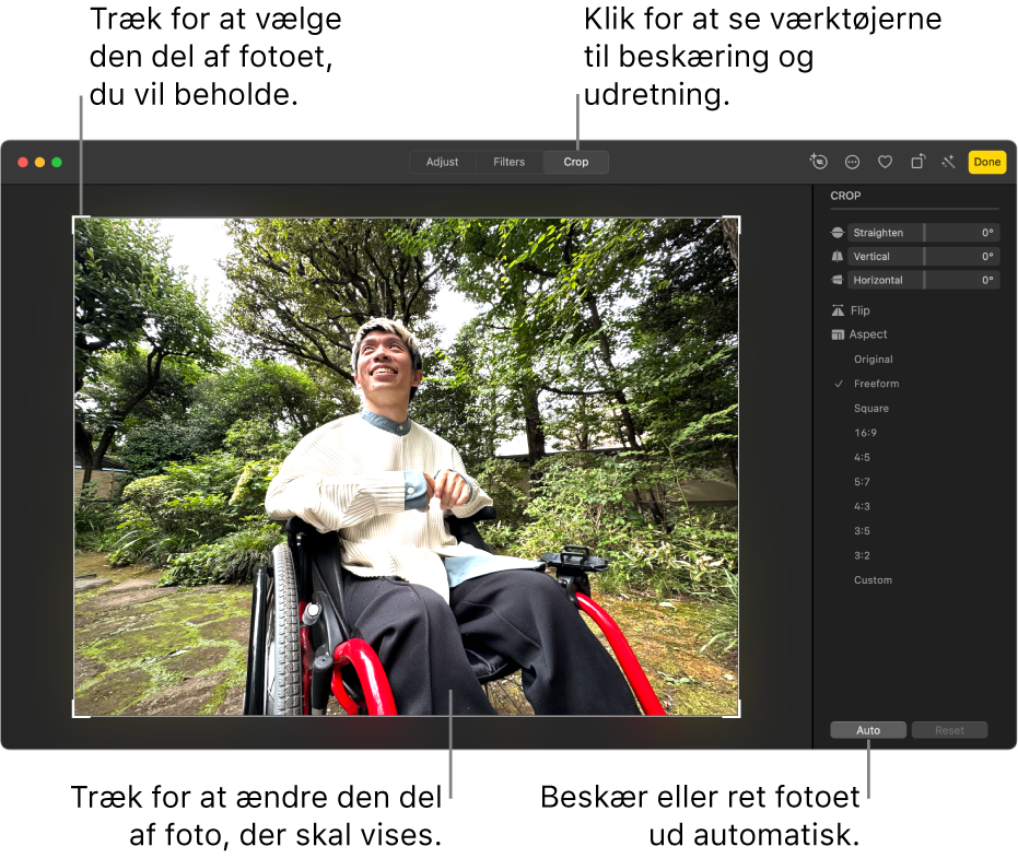 Et foto i redigeringsoversigt med Beskær valgt på værktøjslinjen med et vælgerektangel omkring fotoet og mærker til udretning, indstillinger til billedformat og knapperne Auto og Nulstil til højre.