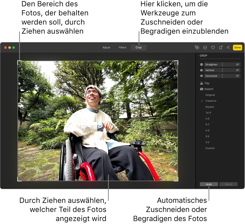 Ein Foto in der Bearbeitungsansicht mit dem ausgewählten Werkzeug „Zuschneiden“ in der Symbolleiste, einem Auswahlrahmen um das Foto, Bearbeitungsreglern, Optionen für Seitenverhältnisse und die Tasten „Auto“ und „Zurücksetzen“ rechts.