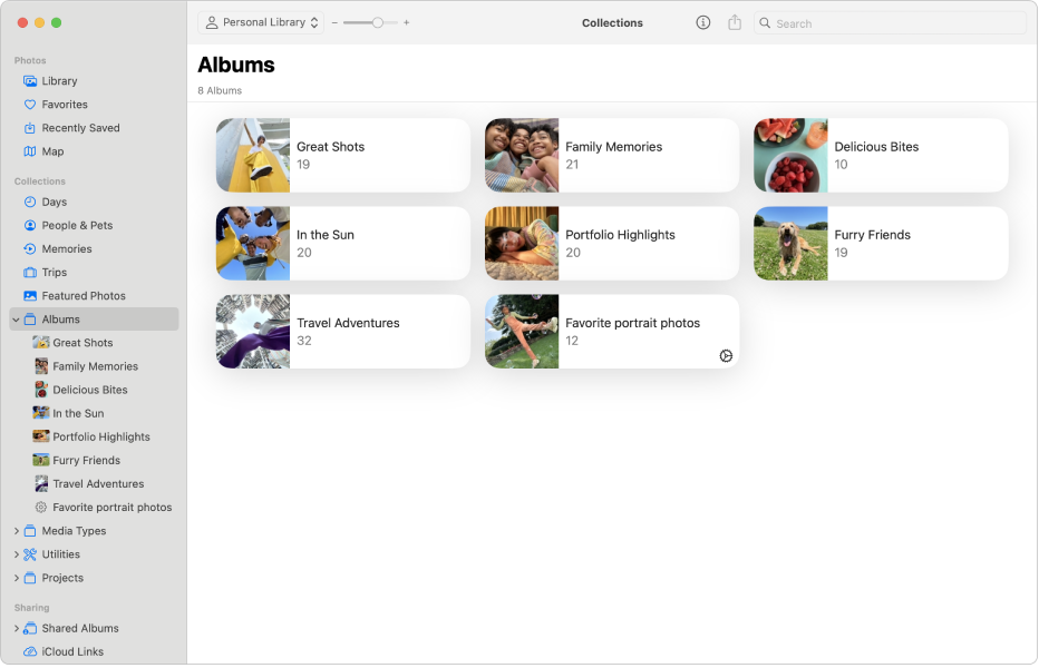 The Photos app Albums selected in the sidebar and albums shown on the right.