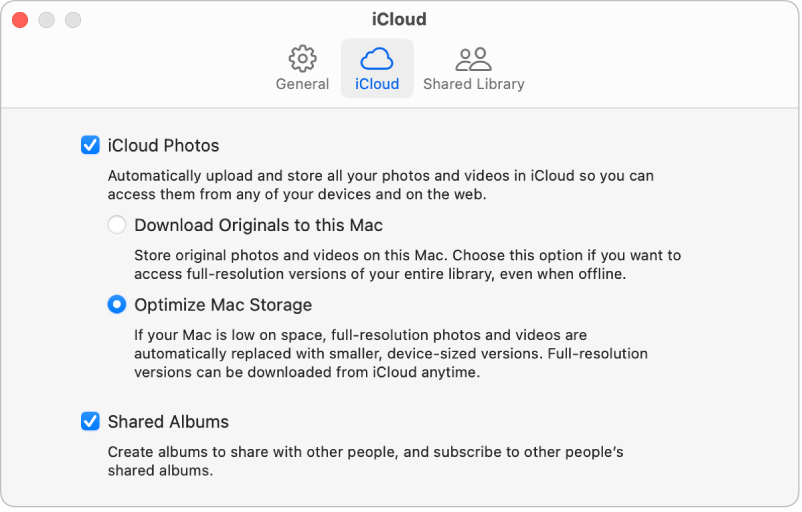 El panel iCloud de la configuración de Fotos.