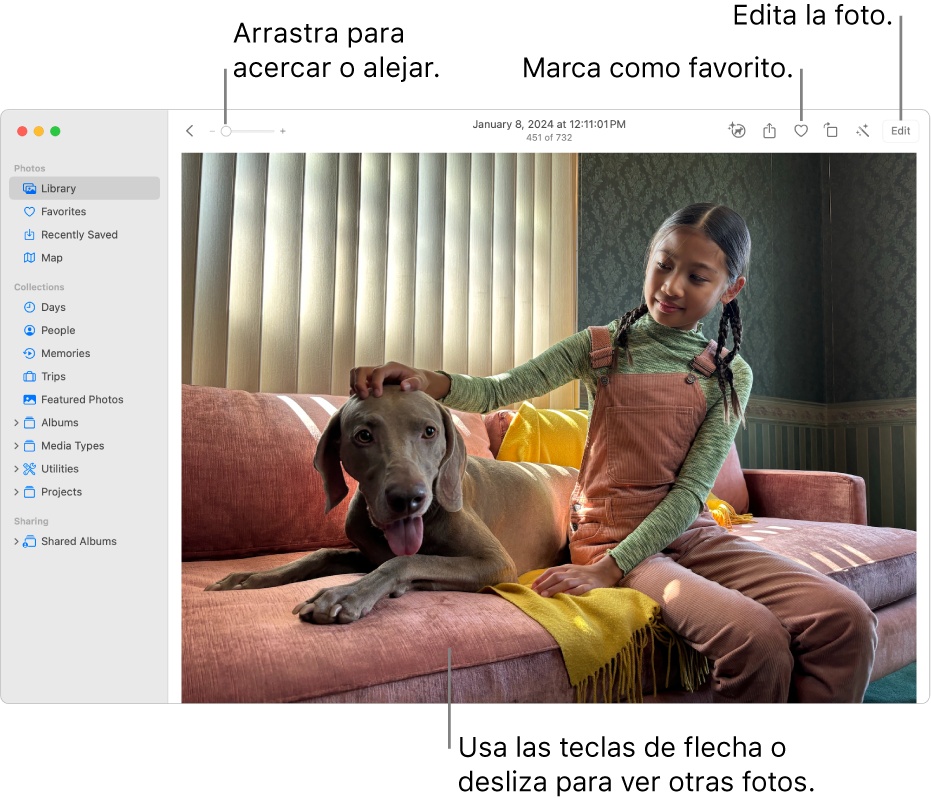 La ventana Fotos mostrando una foto ampliada a la derecha. La barra de herramientas en la parte superior incluye el regulador Zoom, el botón Favoritos y el botón Editar.