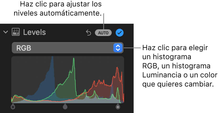 Los controles de Niveles en el panel Ajustar, con el botón Automático en la sección superior derecha y el histograma en RGB debajo.