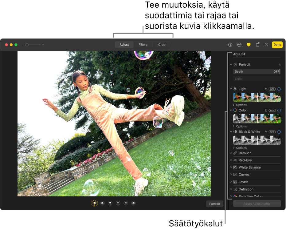 Kuva muokkausnäkymässä, Säädä-painike valittuna työkalupalkissa ja säätötyökalut oikealla.