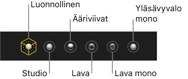 Pystytilan valaistustehostevaihtoehdot (vasemmalta oikealle) Luonnollinen, Studio, Korostus, Lavavalo, Lavavalo Mono ja Yläsävyvalo mono.