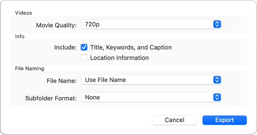 Une zone de dialogue affichant les options d’exportation de vidéos.