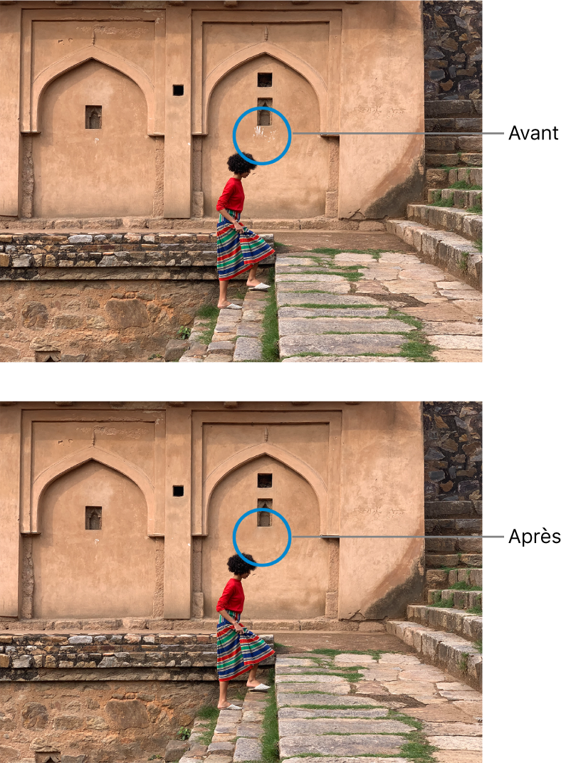 Un photo montrant des empreintes sur un mur en arrière-plan et la même photo après retouches, sur laquelle les empreintes ont été supprimées.