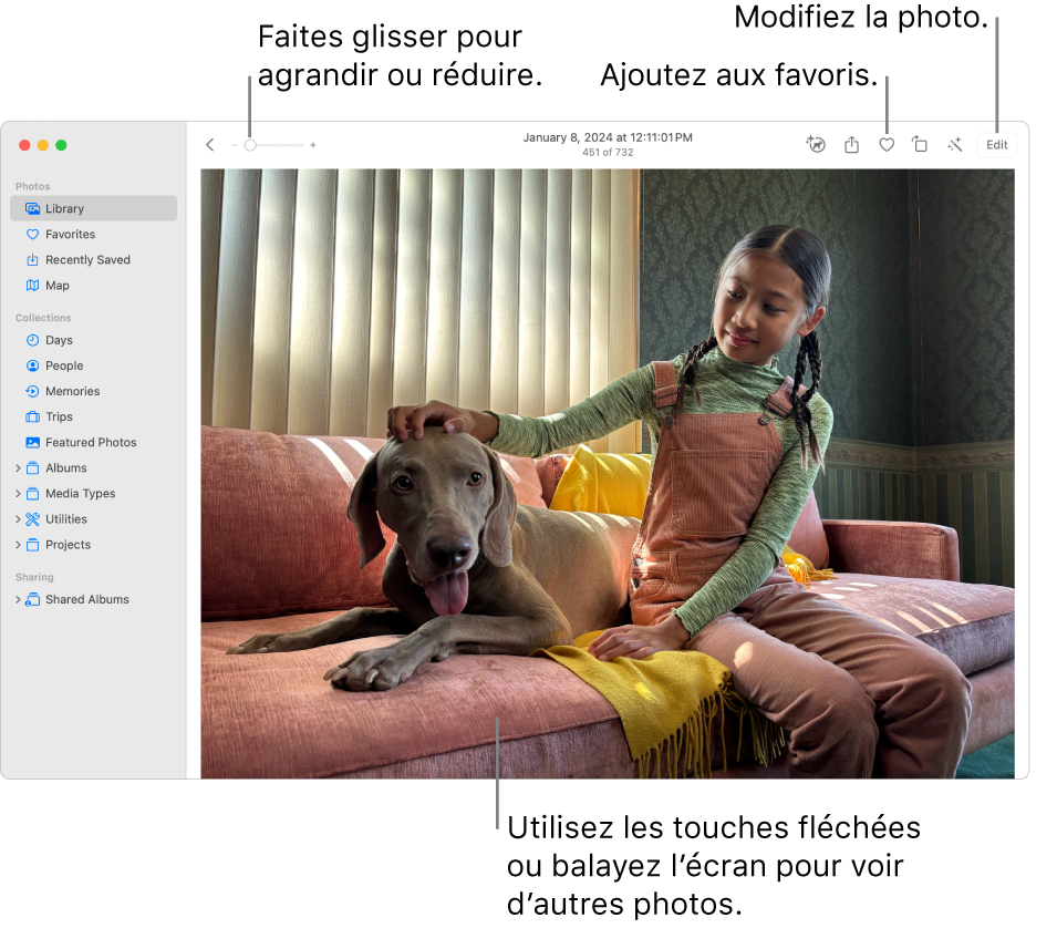 La fenêtre Photos présentant une photo agrandie à droite. La barre d’outils en haut comprend le curseur Réduire/agrandir, le bouton Ajouter aux favoris et le bouton Modifier.