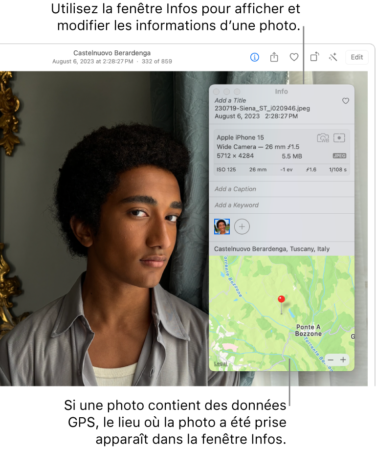Une photo est ouverte dans la fenêtre Photos, avec les informations sur la photos ouvertes.