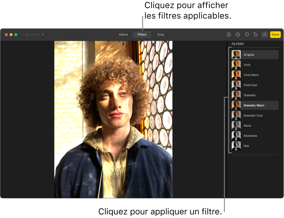 La photo en mode édition, avec l’outil Filtres sélectionné dans la barre d’outils et les options de filtre à droite.