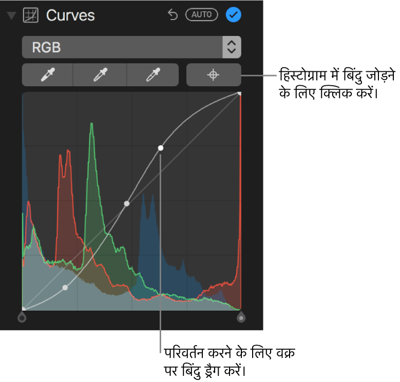 ऊपरी दाएँ कोने में पॉइंट जोड़ें बटन और नीचे की ओर RGB हिस्टोग्राम दिखाता ऐडजस्ट करें पेन में वक्र नियंत्रण।