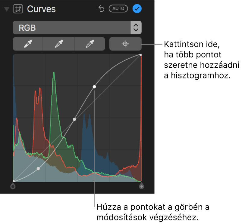 A Beállítás panel görbék vezérlői, a Pontok hozzáadása gombbal a jobb felső sarokban, és az alatta elhelyezkedő RGB-hisztogrammal.