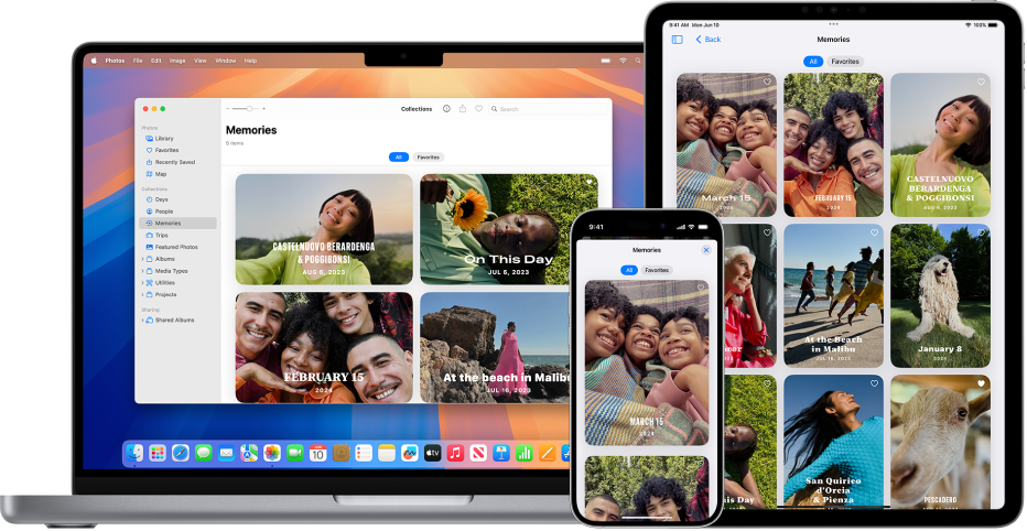 iPhone, MacBook, dan iPad yang menampilkan memori dari perpustakaan foto yang sama.