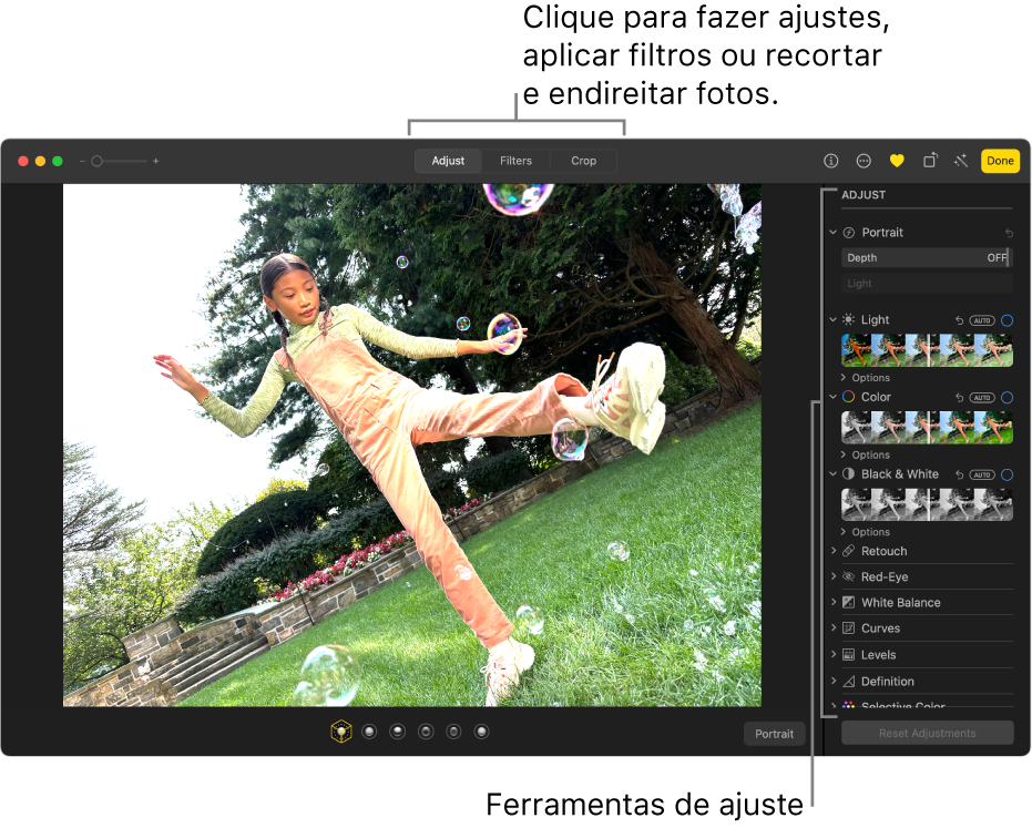 Uma foto na visualização de edição, com a opção Ajustar selecionada na barra de ferramentas e as ferramentas de ajuste à direita.