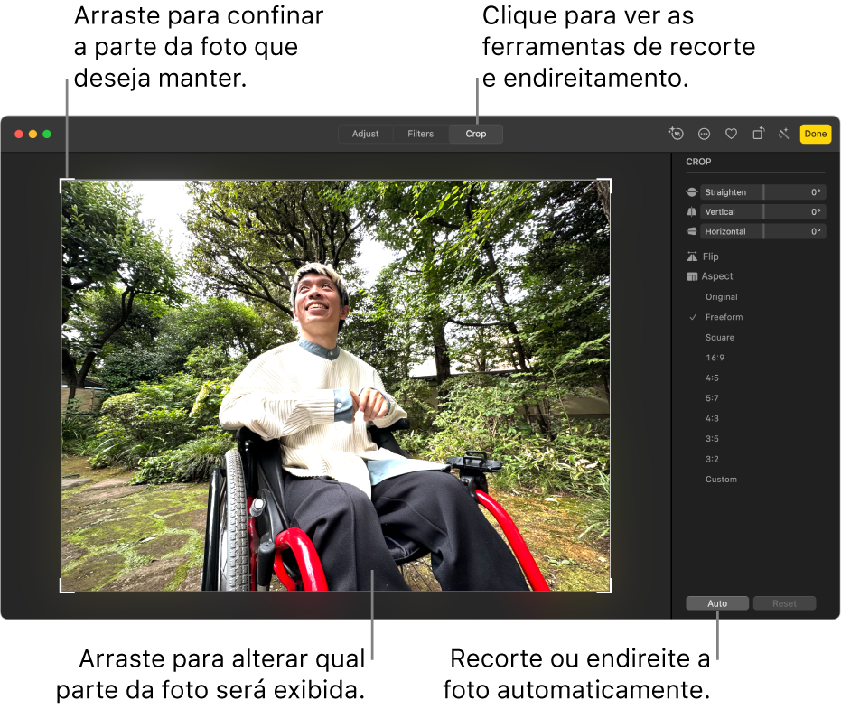 Foto na visualização de edição, com Recortar selecionado na barra de ferramentas, um retângulo de seleção ao redor da foto, e controles deslizantes de ajuste, opções de proporção, e botões Automático e Redefinir à direita.