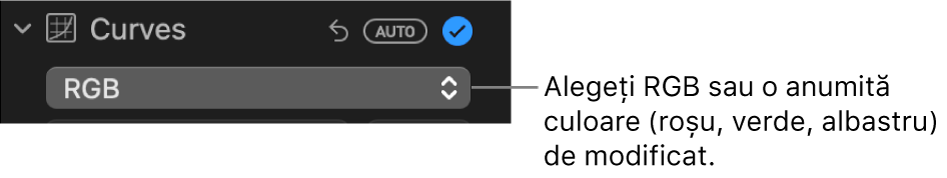 Comenzile Curbe în panoul Ajustare afișând opțiunea RGB selectată în meniul pop‑up.