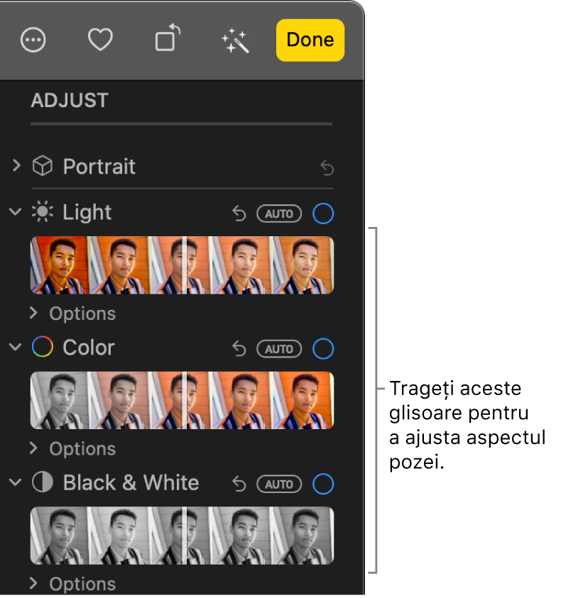 Glisoarele Lumină, Culoare și Alb-negru din panoul Ajustare. Un buton Automat apare sub fiecare glisor.