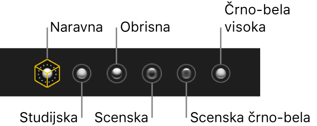 Možnosti učinka osvetlitve v Pokončnem načinu, med katerimi so (od leve proti desni) Naravna, Studijska, Obrisna, Scenska, Scenska črno-bela in Poudarjena črno-bela.