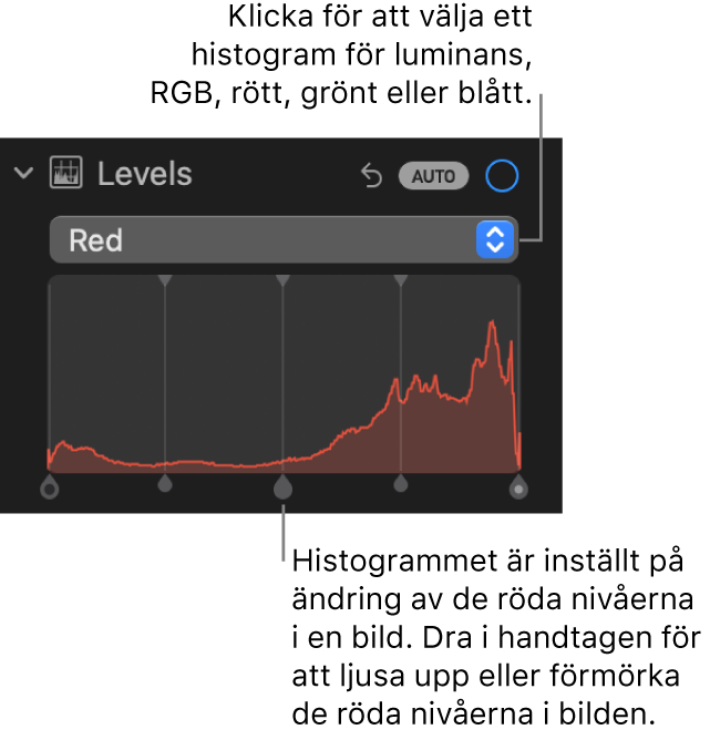 Nivåreglagen på panelen Justera med det röda histogrammet och handtag nedanför till att justera de röda nivåerna i bilden.