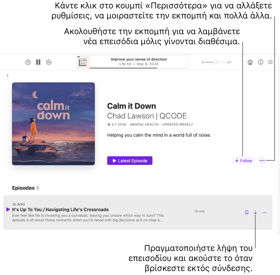 Μια σελίδα πληροφοριών για ένα podcast, όπου εμφανίζονται τα κουμπιά «Ακολούθηση», «Περισσότερα» και «Λήψη».