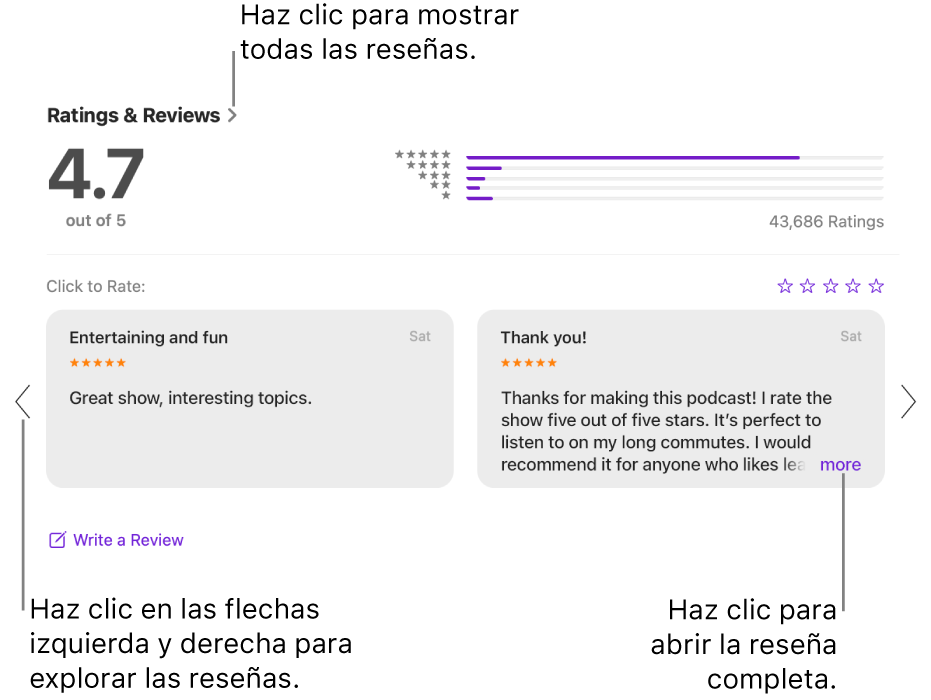 La sección Calificaciones y reseñas de un programa en Podcasts. Haz clic en las flechas izquierda y derecha en los bordes de la pantalla para desplazarte hacia adelante o hacia atrás. Haz clic en Más para ver la reseña completa.