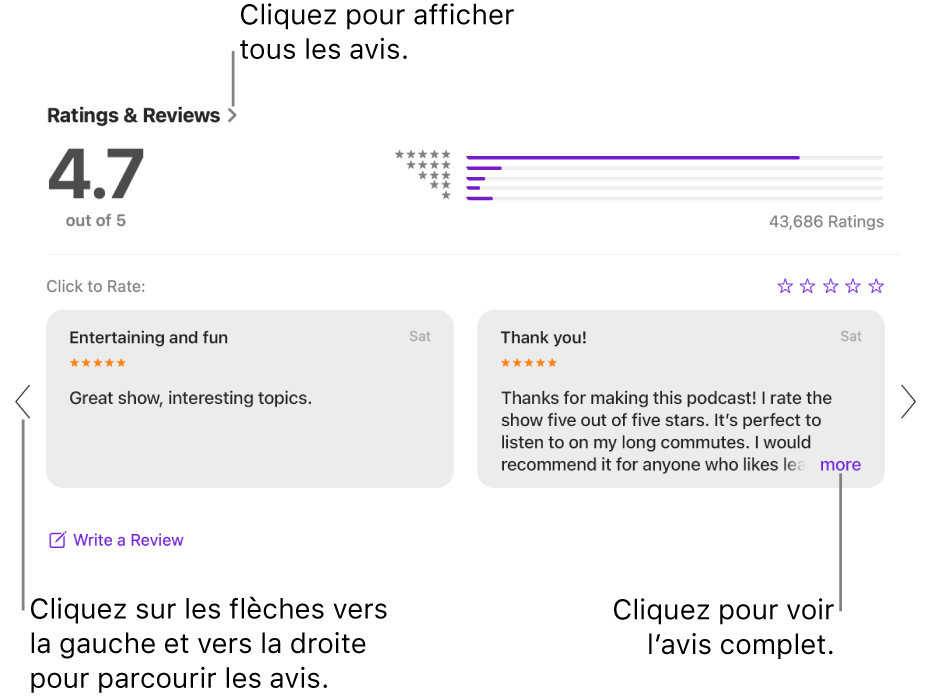 La section Notes et avis d’une émission dans Balados. Cliquez sur les flèches vers la gauche et la droite sur le bord de l’écran pour faire défiler la page vers l’arrière ou l’avant. Cliquez sur « plus » pour afficher l’avis au complet.