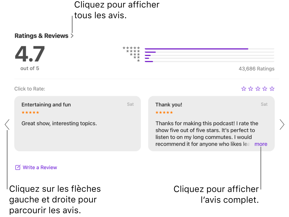 Section « Notes et avis » pour un podcast dans Podcasts. Cliquez sur les flèches vers la gauche et la droite sur les bords de l’écran pour faire défiler vers l’arrière ou vers l’avant. Cliquez sur « plus » pour voir un avis complet.