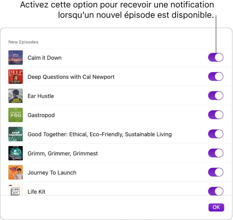 Les options des notifications. Cliquez sur le bouton pour recevoir une notification lorsqu’un nouvel épisode est disponible.