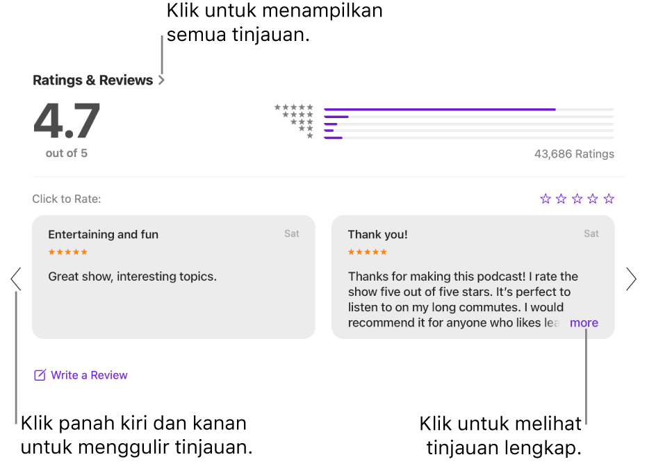 Bagian Nilai & Ulasan untuk acara di Podcast. Klik panah kiri dan kanan di tepi layar untuk menggulir ke belakang atau depan. Klik “lainnya” untuk melihat seluruh ulasan.