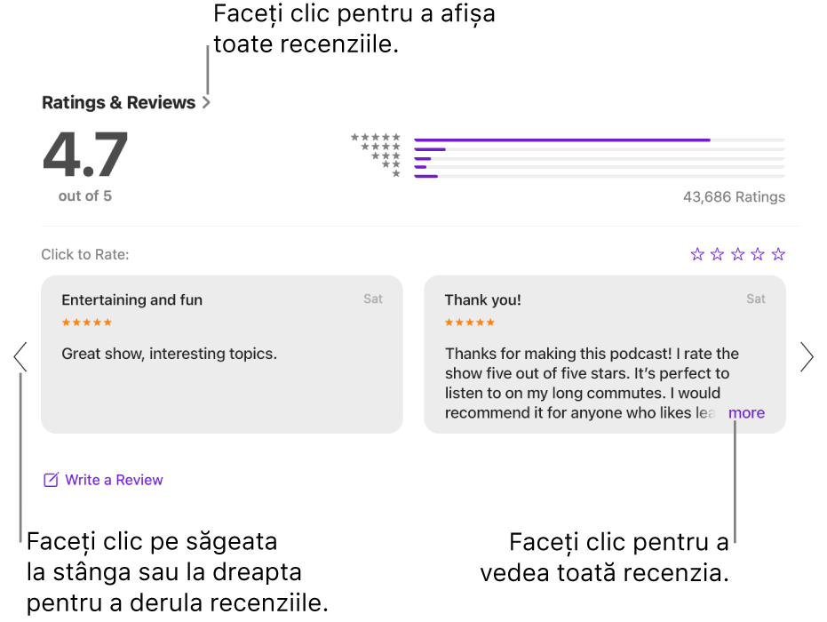 Secțiunea Evaluări și recenzii pentru e emisiune în aplicația Podcasturi. Faceți clic pe săgețile spre stânga sau spre dreapta de la marginile ecranului pentru a derula înapoi sau înainte. Faceți clic pe “mai mult” pentru a vedea o recenzie completă.