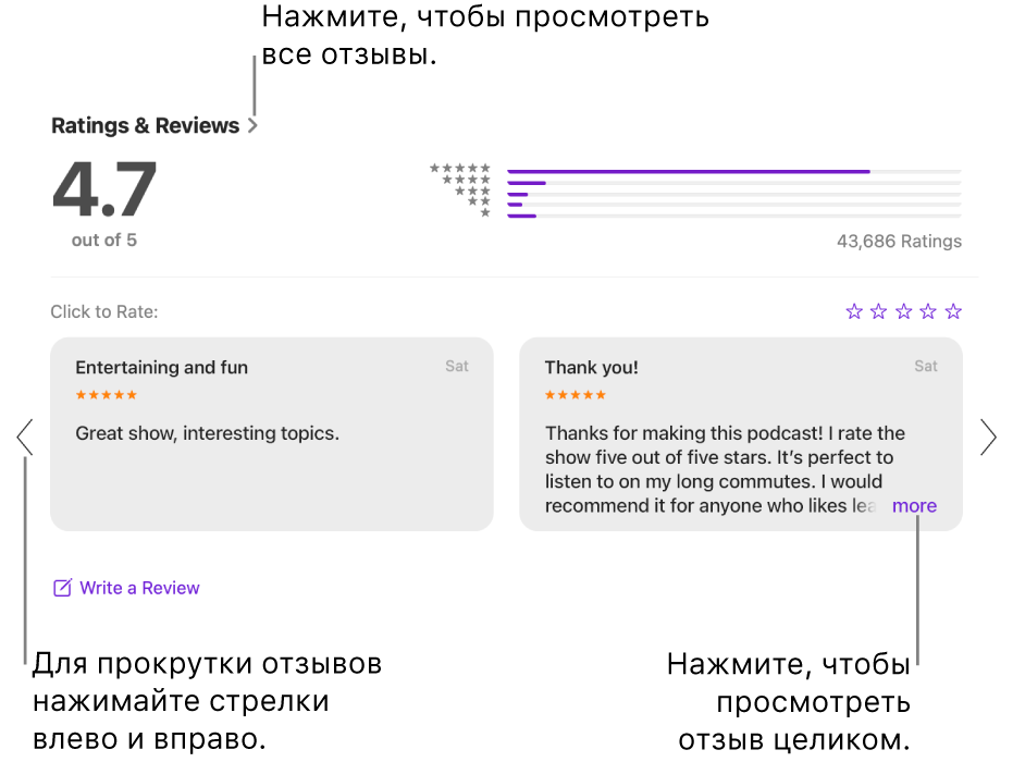 В приложении «Подкасты» показан раздел «Оценки и отзывы» для подкаста. Нажимайте стрелки вправо и влево в нижней части экрана для перехода вперед или назад. Нажмите «Еще», чтобы просмотреть отзыв целиком.