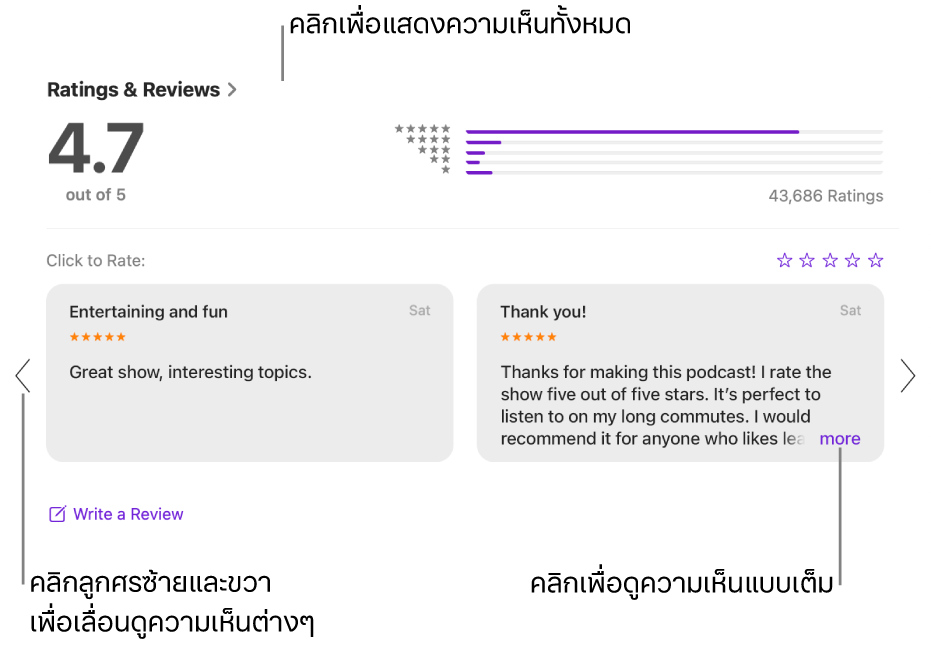 ส่วนการจัดอันดับและความเห็นสำหรับรายการในพ็อดคาสท์ คลิกลูกศรซ้ายและขวาที่ขอบของหน้าจอเพื่อเลื่อนไปข้างหลังหรือข้างหน้า คลิก “เพิ่มเติม” เพื่อดูความเห็นแบบเต็ม