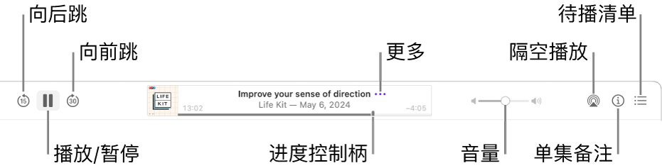 “播客”窗口顶部，显示正在播放的单集和播放控制：向后跳、暂停、向前跳、进度控制柄、更多、音量、隔空播放、单集简介和待播清单。