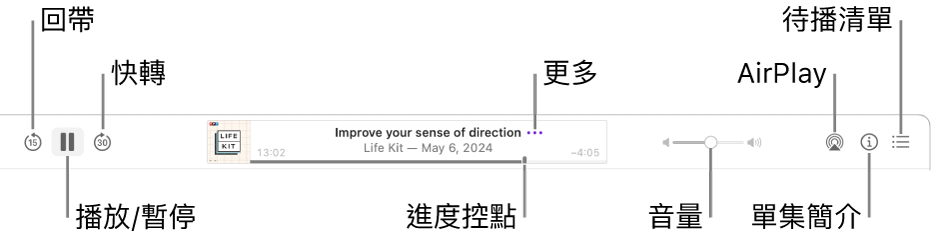 Podcast 視窗的最上方，顯示正在播放單集和播放控制項目： 「回帶」、「暫停」、「快轉」、進度控點、「更多」、「音量」、AirPlay、「單集簡介」和「待播清單」。