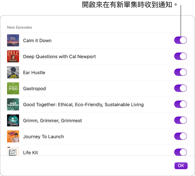 「通知」選項。按一下開關來在有新單集可用時取得通知。